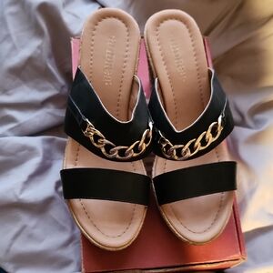 Andrea Fenzi Black and Gold Chain Wedge Sandals